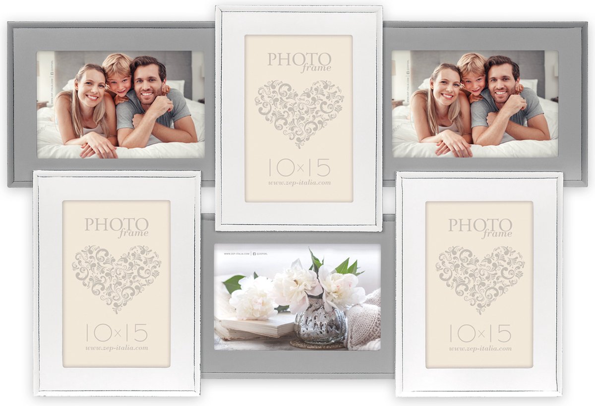 Zep Houten Multi Fotolijst Rouen 6Q Grijs / Wit voor 6 foto's formaat 10x15 (afmeting 49x33 cm)