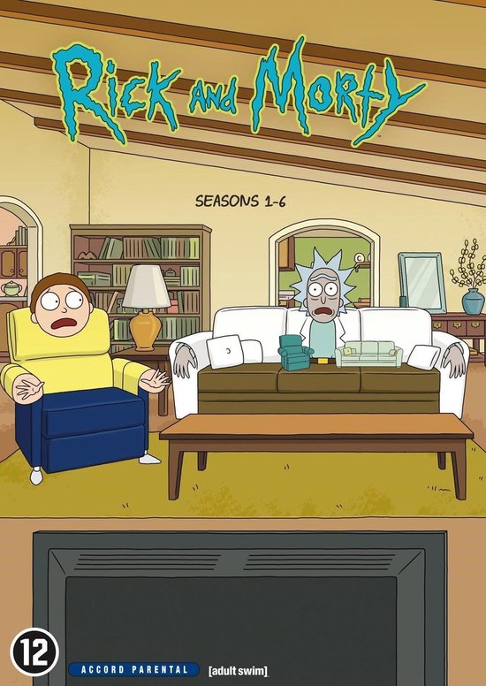 Rick en Morty Seizoenen 1-6 DVD hoes, met Rick en Morty op de bank, gezien door een tv-scherm.