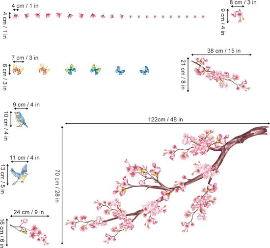 Groot Stickers muraux d'arbre en fleurs de cerisier, Bloem rose, branche d' arbre
