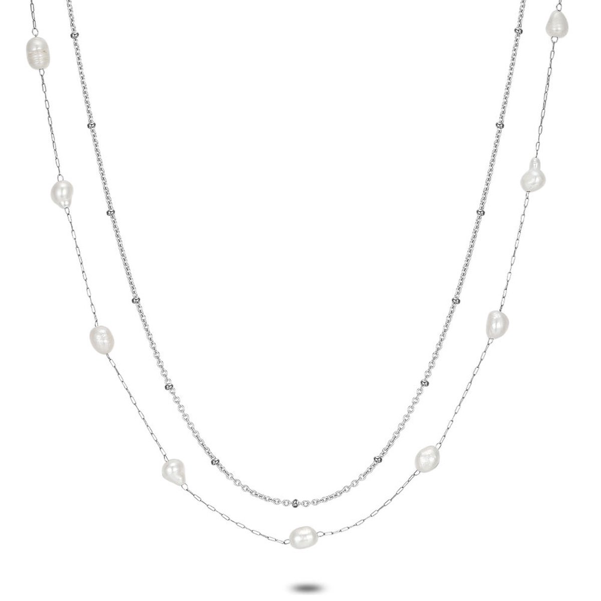 Twice As Nice Halsketting in edelstaal, dubbele ketting, ketting met bolletjes en zoetwaterparels 45cm+5cm