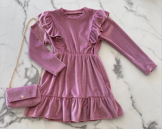 Meisjes jurk velours met bijpassend tasje "Roze", verkrijgbaar in de maten 98/104 t/m 158/164