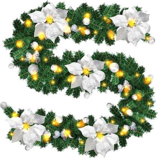 SHAVINGFUN Kerstslinger met LED-verlichting, 2,7 m verlichte decoraties voor trappen, open haarden, feestelijke krans, kerstdecoratie