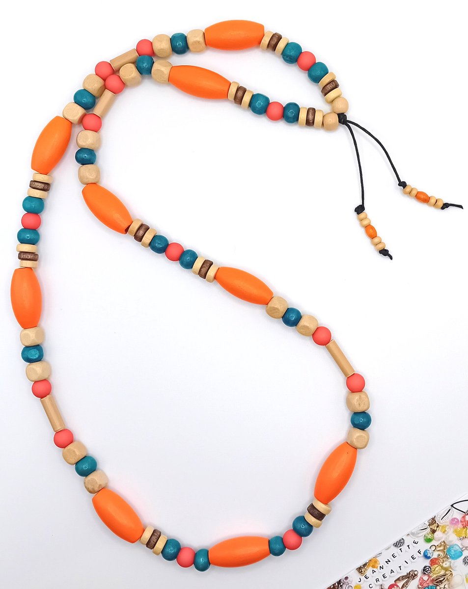 Jeannette-Creatief® - Hout - Grote Houten Kralenketting Petrol Oranje Kaki - Houten Ketting - Gekleurde ketting - Ovale kralen - Dames Ketting - Ketting Dames - Statement Ketting - Kralen Ketting - Oranje Ketting - WK - Koningsdag