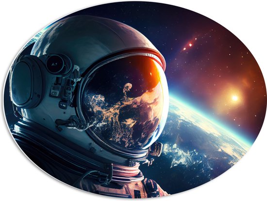 PVC Schuimplaat Ovaal - Astronaut - Galaxy - Sterren - Aarde - 68x51 cm Foto op Ovaal (Met Ophangsysteem)