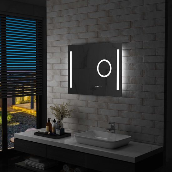 The Living Store Miroir de salle de bain éclairage LED- 80 x 60 cm - IP44 - avec miroir grossissant et affichage de l'heure