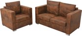 The Living Store fauteuil en 2-zitsbank - bruin - houten frame - kunstsuède bekleding - vintage suède-look - afneembare zit- en rugkussens - eenvoudig te monteren