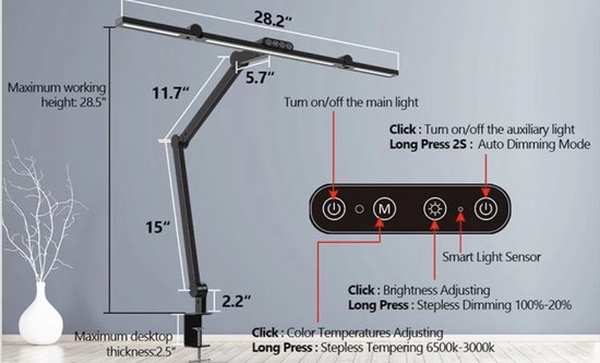 Neatfi Ultra Bureaulamp – 3.500 Lumen, 45W LED, 66cm Brede Lampkap, 5 Helderheidsniveaus, Schaduwvrij & Flikkervrij Licht, Lamp voor Lezen, Knutselen, Schilderen en Naaien (Niet-CCT met Voet, Wit