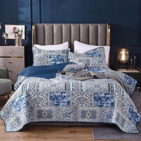 Sprei bedsprei 250 x 270 cm, patchworkdeken voor de zomer van katoen en polyester, oversized gewatteerde deken in vintage retrostijl, blauw, met kussenset