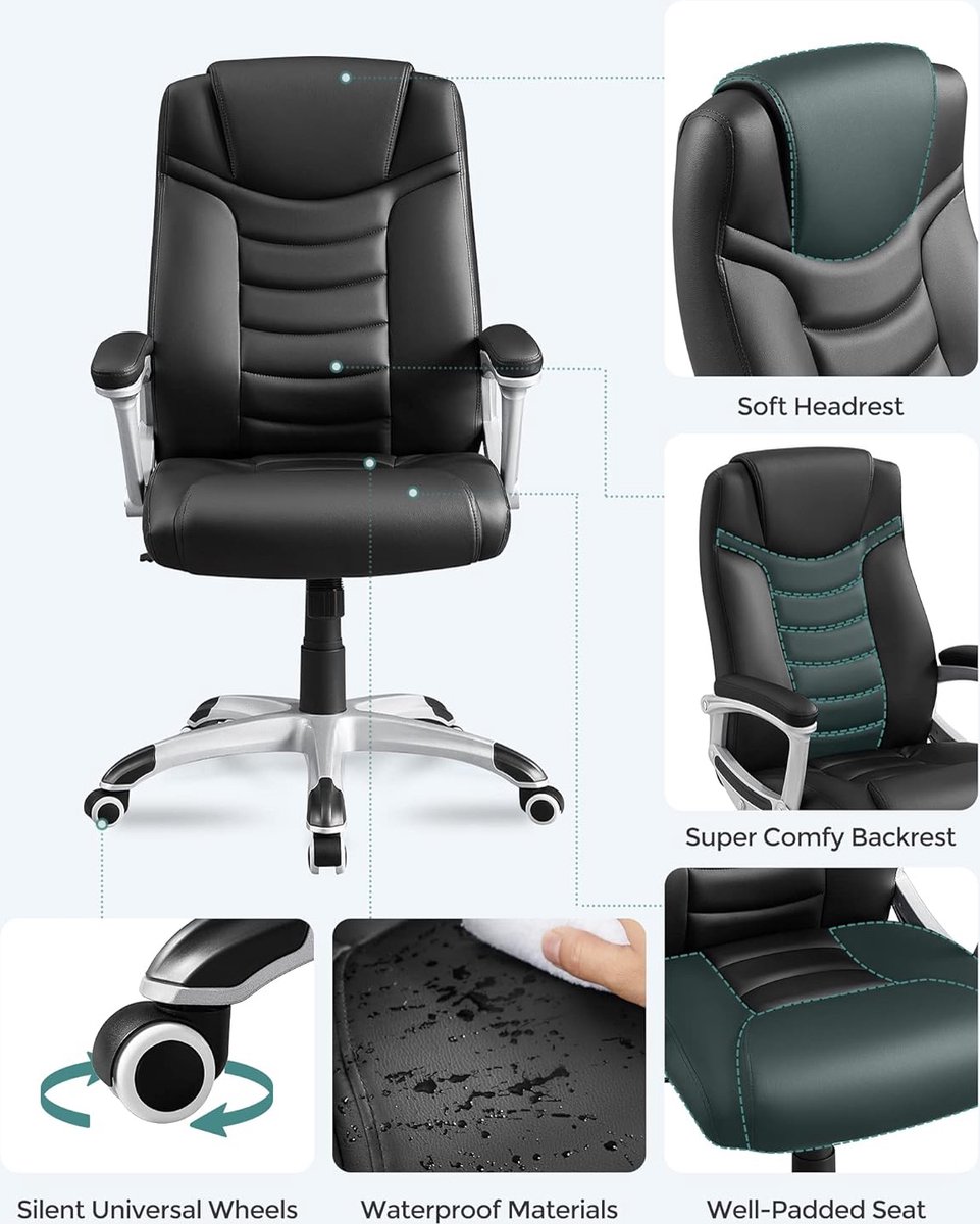 vasagle Ergonomische bureaustoel, in hoogte verstelbare draaistoel, robuust, stabiel en duurzaam, zwart thumbnail 6