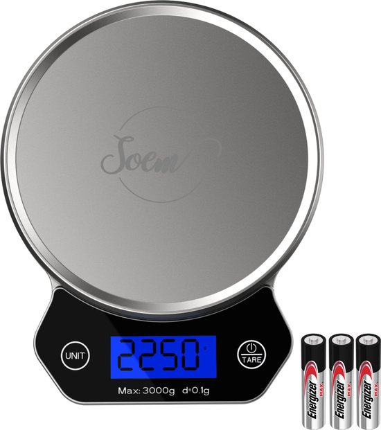 SOEM® Balance de Cuisine Numérique - Balance de Cuisine de Précision 0- 6kg - Fonction Tare - Piles Incluses - Acier Inoxydable/ Zwart
