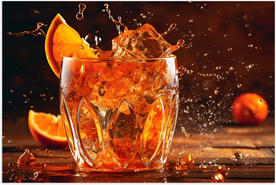 Poster (Mat) - Glas - Drinken - Ijs - Fruit - Sinaasappel - Spetters - Druppels - 60x40 cm Foto op Posterpapier met een Matte look