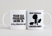 2 Grappige koffiemokken - Oploskoffie + Goed verhaal lekker kort