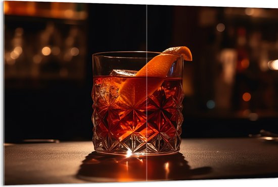 Acrylglas - Glas - Drinken - Alcohol - Ijsklontjes - Fruit - Sinaasappel - 120x80 cm Foto op Acrylglas (Wanddecoratie op Acrylaat)