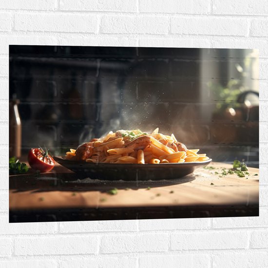 Muursticker - Eten - Pasta - Tafel - Bord - Tomaat - Kaas - 80x60 cm Foto op Muursticker