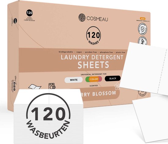 Cosmeau Wasmiddel Wasstrips 120 Wasbeurten Kersenbloesem Cherry Blossom Wasvellen Wasmiddeldoekjes Detergent Sheets Wasdoekjes - Fris Plasticvrij Biologisch Afbreekbaar