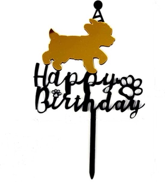 Acryl taart topper Happy Birthday voor de hond goud met zwart - hond - taarttopper - verjaardag