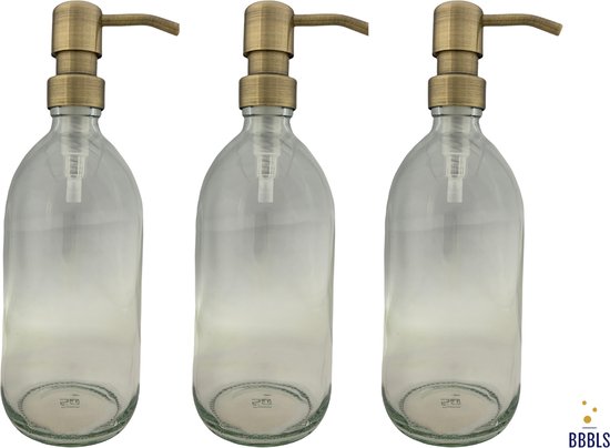 Set van 3 Hervulbare Transparante Plastic Zeepdispensers (500ml) met GOUD RVS Pomp