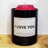 I love you - Soja was geurkaars - Rode roos - Kaarsglas glanzend zwart - Vanille geur - 250 gram - 50 branduren - Geurkaars - Kaars - Kaars met tekst - Soja was – Handgemaakt – Cadeau – Vanilla - Geschenk – Duurzaam - Valentijn - Valentijnsdag