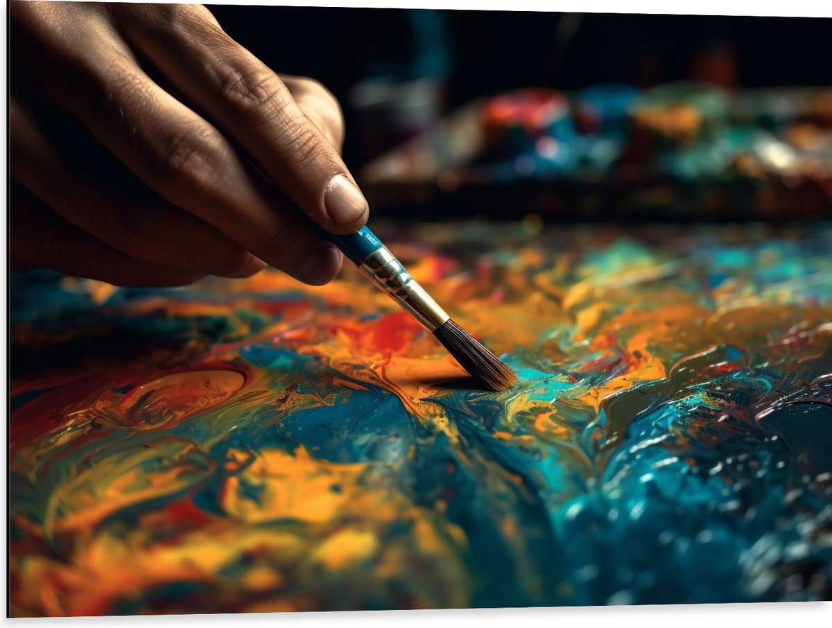 Dibond - Hand - Kwast - Kleuren - Mengen - Verf - Kunst - 80x60 cm Foto op Aluminium (Wanddecoratie van metaal)
