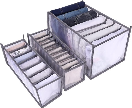 Set van 3 organisatoren voor laden, organisatorkast voor broeken, scheidingsorganizer voor slipjes, sokken, ladeorganizer (7+11 rasters, grijs)