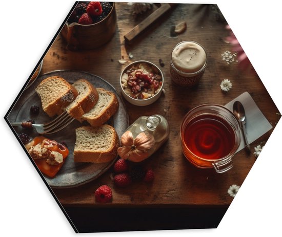 Dibond Hexagon - Eten - Drinken - Thee - Brood - Fruit - Bloemen - Bestek - 30x26.1 cm Foto op Hexagon (Met Ophangsysteem)