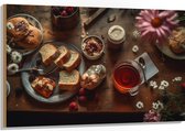 Hout - Eten - Drinken - Thee - Brood - Fruit - Bloemen - Bestek - 120x80 cm - 9 mm dik - Foto op Hout (Met Ophangsysteem)