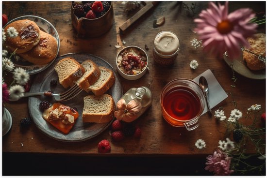 Poster (Mat) - Eten - Drinken - Thee - Brood - Fruit - Bloemen - Bestek - 60x40 cm Foto op Posterpapier met een Matte look