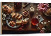 Hout - Eten - Drinken - Thee - Brood - Fruit - Bloemen - Bestek - 105x70 cm - 9 mm dik - Foto op Hout (Met Ophangsysteem)