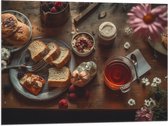 Vlag - Eten - Drinken - Thee - Brood - Fruit - Bloemen - Bestek - 80x60 cm Foto op Polyester Vlag