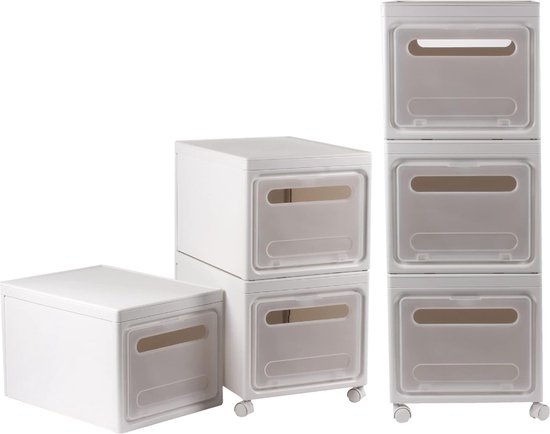 RMAN Set van 4 opbergdoos, opbergdozen met deksel kunststof PP stapelbaar 25L/15L/5L speelgoed organizer voor kleding, boeken, keuken, bad (Wit