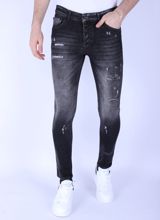 Donkerblauwe Slim Fit Heren Jeans met Gaten - 1101 - Blauw