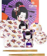TOKYO DESIGN STUDIO- Kawaii Maiko Sushi Plate Giftset Set4 w/Chopsticks - sushiset voor 2 personen - Japanse kawaii Geisha - Cadeauset