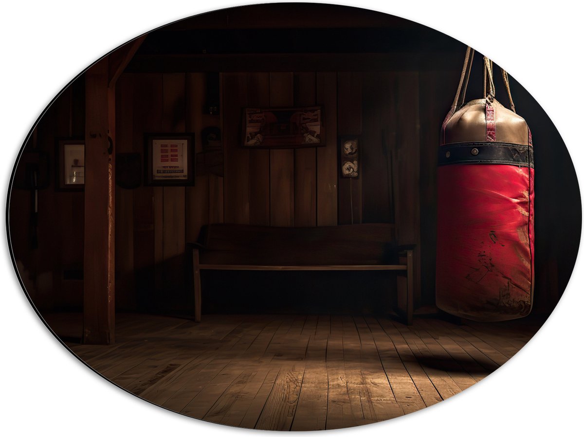 Dibond Ovaal - Kamer - Bokszak - Palen - Sporten - Hout - 56x42 cm Foto op Ovaal (Met Opha