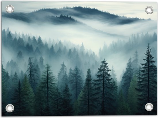 Tuinposter – Bomen - Bossen - Mist - 40x30 cm Foto op Tuinposter (wanddecoratie voor buiten en binnen)