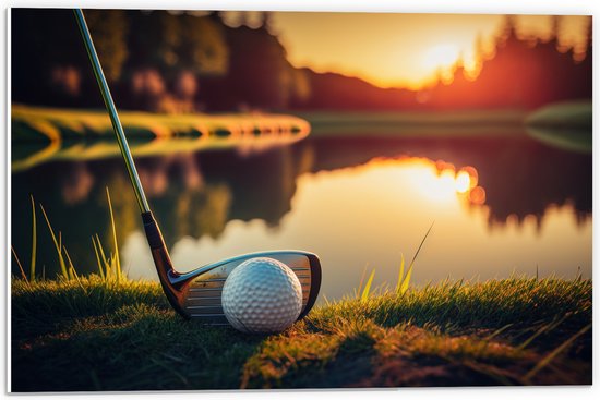 PVC Schuimplaat - Golf - Golfbal - Golfclub - Zonsondergang - Gras - Water - 60x40 cm Foto op PVC Schuimplaat (Met Ophangsysteem)