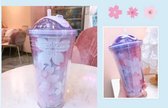 Leuke waterfles met rietje en deksel, glitter dubbelwandige waterfles met rietje Kawaii Cup kersenbloesems waterfles Kawaii kopjes voor geschenken