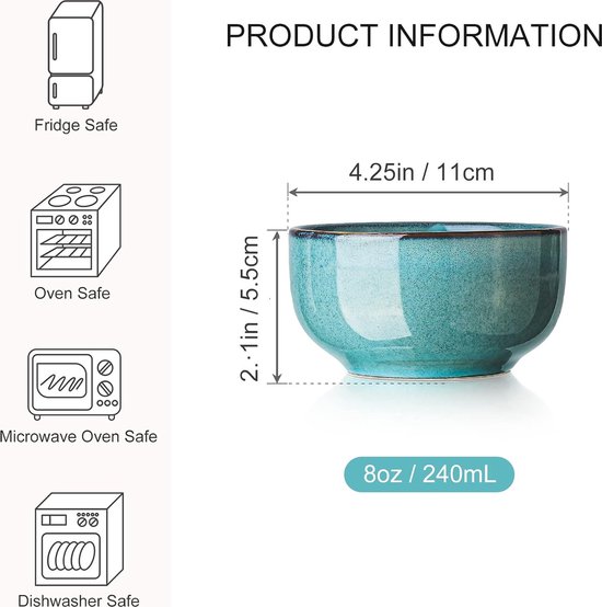 Lot De 4 Bols En Céramique 15,2 Cm (650 Ml) - Bleu Ceylan | Pour Soupe, Céréales, Salade | Lave-vaisselle Et Four Safe