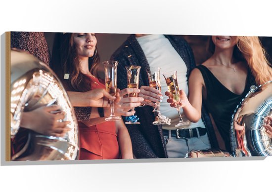 Hout - Feest - Champagne - Vrienden - Proosten -Ballonnen - Confetti - 100x50 cm - 9 mm dik - Foto op Hout (Met Ophangsysteem)