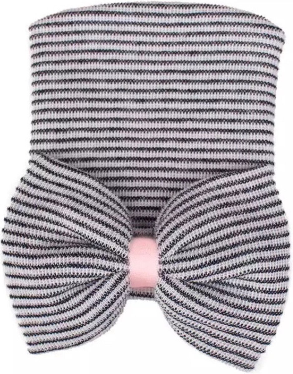 Goedkoopste Mammie's Geboortemuts / babymuts / ziekenhuismuts grijs-wit gestreept met strik met rose lint- 0 tot 3 maand Default