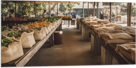 Vlag - Markt - Groente - Fruit - Zakken - Mensen - 100x50 cm Foto op Polyester Vlag
