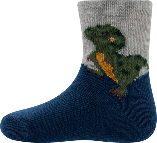 Donkerblauwe sok met op de grijze schacht een groene dinosaurus.