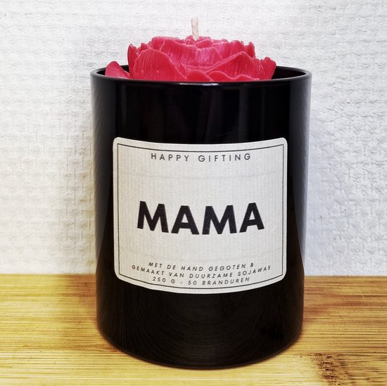 Mama - Soja was geurkaars - Rode roos - Kaarsglas glanzend zwart - Vanille geur - 250 gram - 50 branduren - Geurkaars - Kaars - Kaars met tekst - Soja was – Soy wax – Handgemaakt – Cadeau – Vanilla - Geschenk – Duurzaam