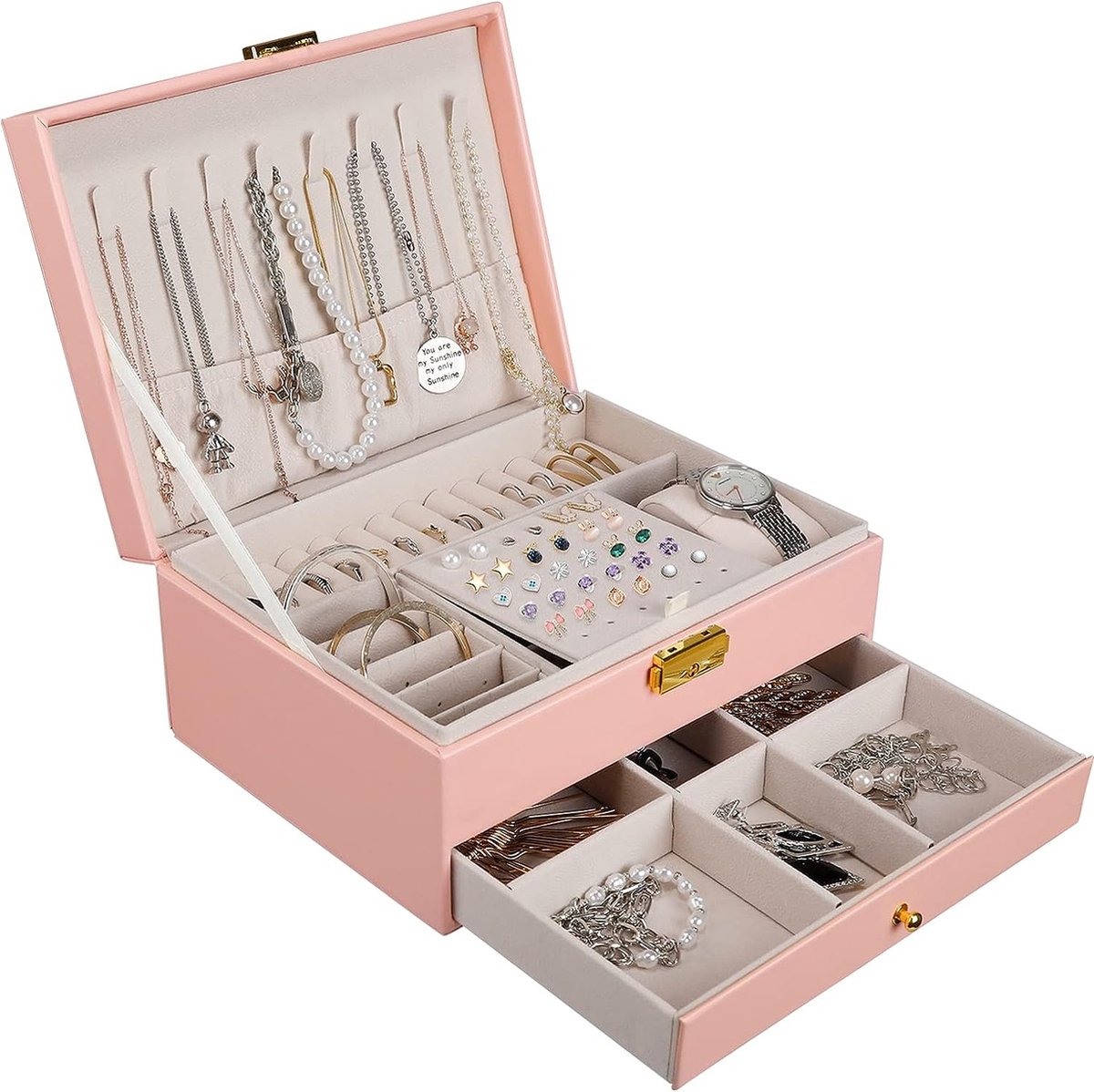 Sieradenkistje, 2 niveaus, sieradenopbergdoos, reis-PU-leer, sieradenorganizer voor dames, meisjes, voor ringen, oorbellen, halskettingen en horloges, met slot en sleutels, roze