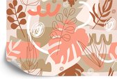 Fotobehang Contemporary Collage Seamless Pattern. Terracotta Abstract Shapes, Tropical Leaves And Continuous Line Of Leaf. Texture For Textile, Packaging, Wrapping Paper, Social Media Post Etc. . - Vliesbehang - 450 x 300 cm