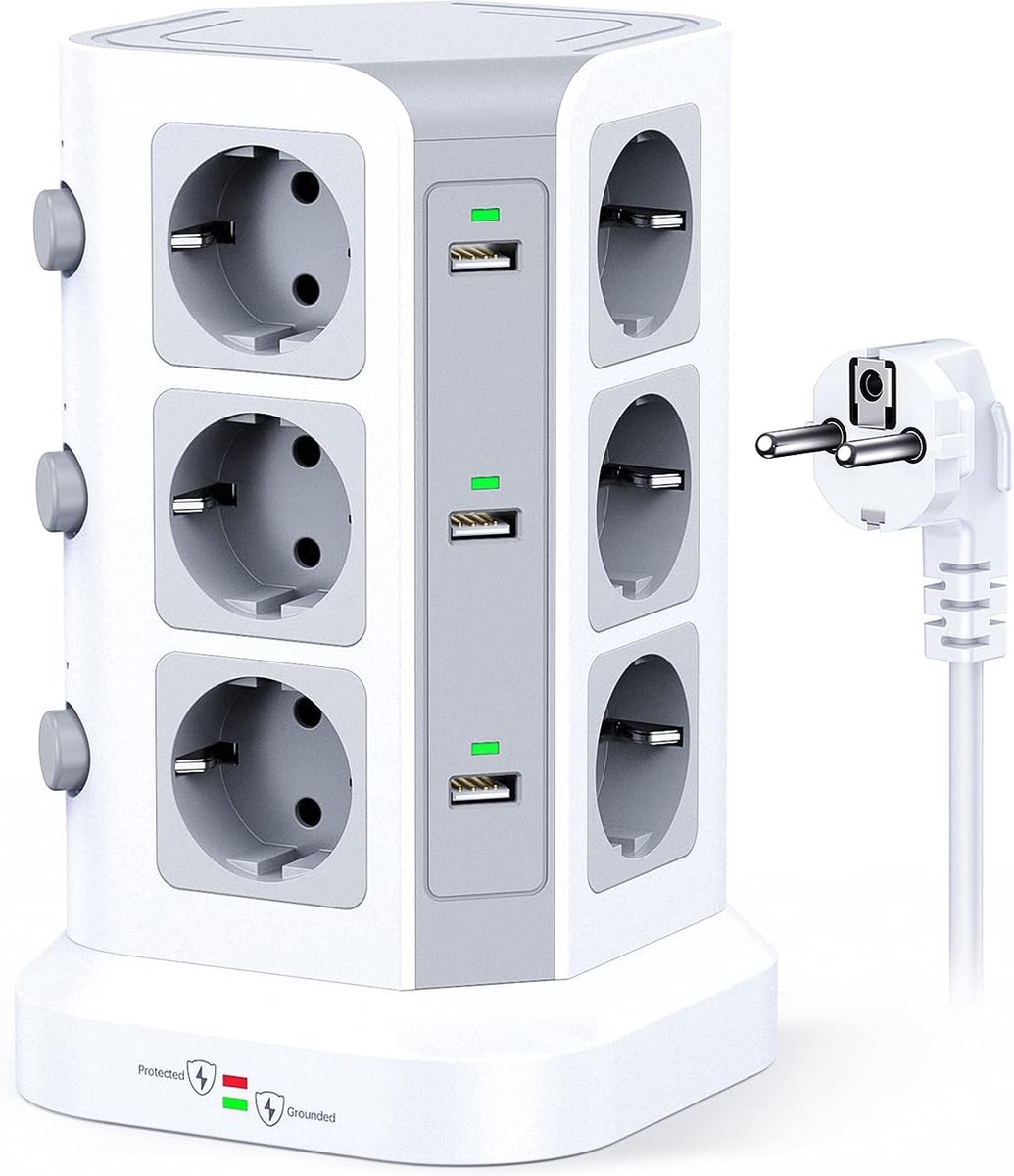Intelectro StekkerToren - Jouw All-in-One Energiehub voor Onbeperkte Connectiviteit - 12 Stopcontacten - 6 USB Poorten - Aan/Uit Schakelaars - 2m Lange Snoer - Overbelastingsbeveiliging - 4000W - Wit - Levering Sneller dan Aangegeven!