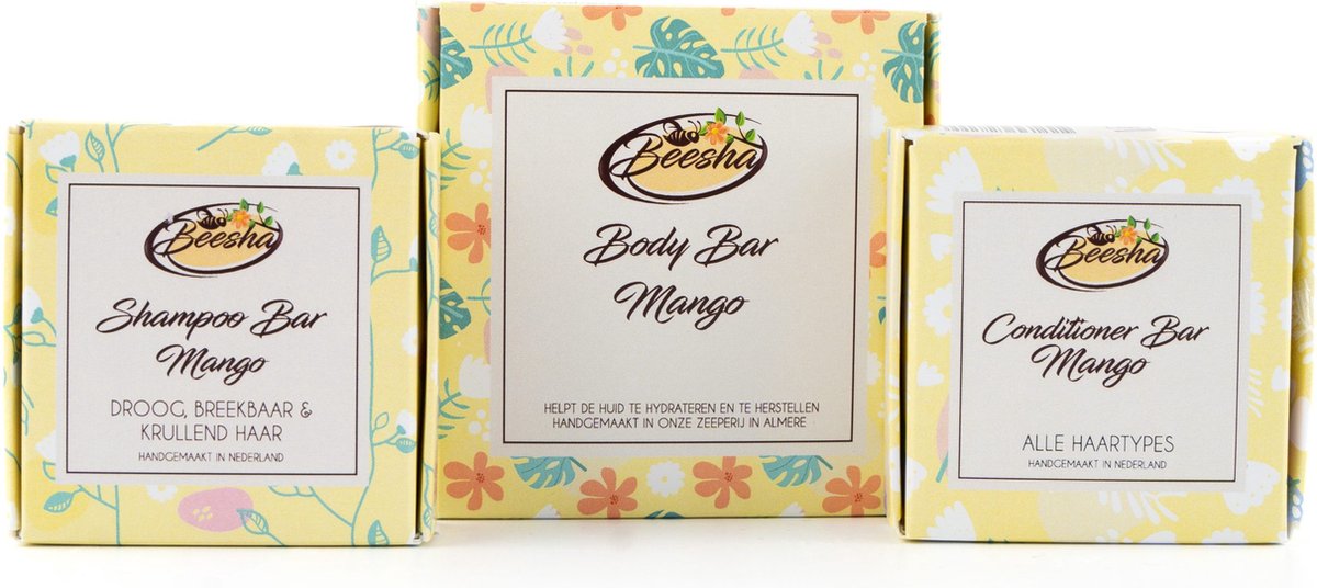 Beesha Giftbox Mango | Bevat een Shampoo, Conditioner, en Body Bar | 100% Plasticvrije en Natuurlijke Verzorging