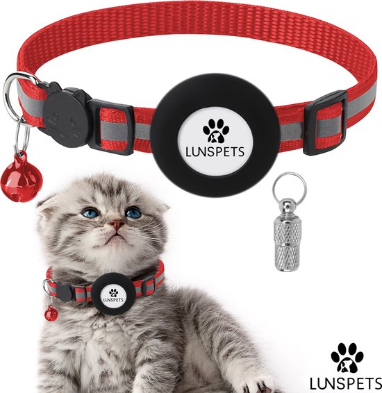 Lunspets Kattenhalsband Airtag met Adreskoker kat & Veiligheidssluiting - Halsband kat & kitten - Kattenbandje met belletje - Reflecterend - Rood - Airtag Houder & Adreskoker - Voor grote & kleine katten - Alleen houder geen Airtag inbegrepen!