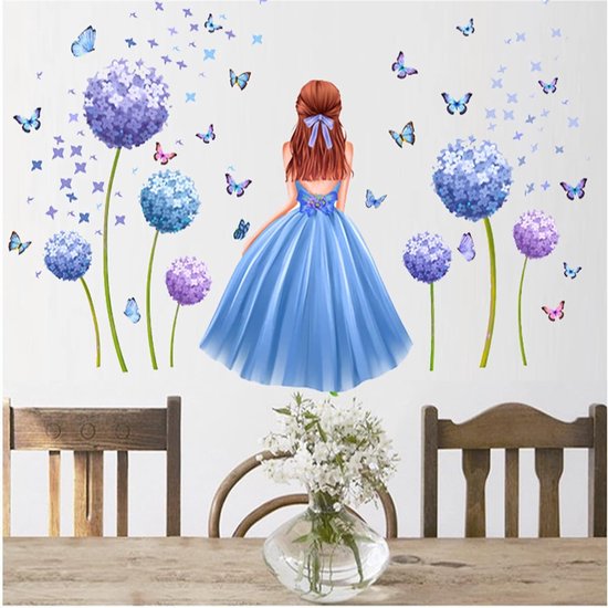 Bloemen fee muursticker muursticker wandsticker babykamer meisje kleurrijke vlinder en bloemen planten muursticker voor meisjes babykamer slaapkamer huis wanddecoratie (blauw)