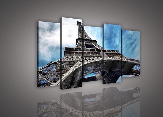 Canvas Schilderij - Eiffeltoren - Stad - Urban - Parijs - Toren - Eiffel toren - Inclusief Frame - 150x100cm LxB - 5 Luiks - 5 Delen