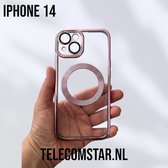 Apple iPhone 14 Magnetisch Hoesje Met Lensbeschermer - Magsafe - Magneet Case Met Ring en camera cover transparant met gekleurde rand - roze